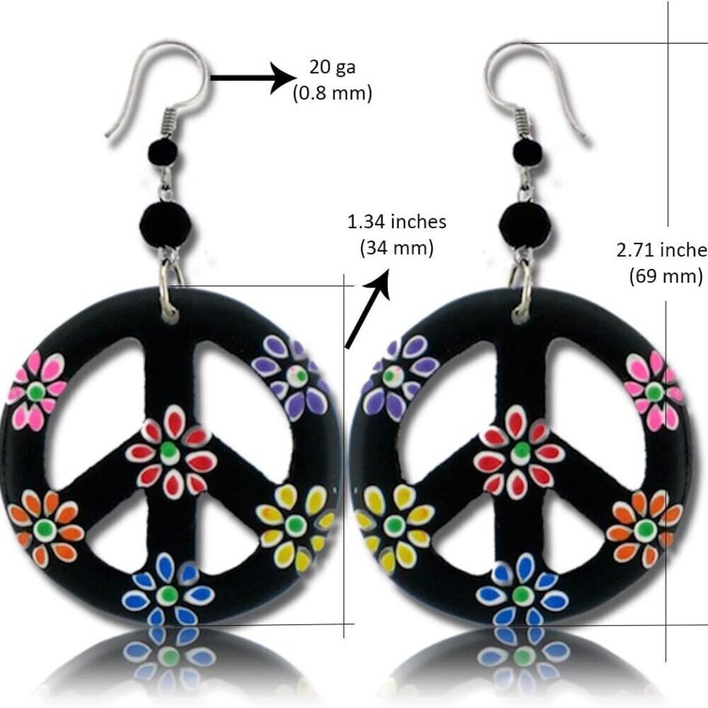 Peace Sign Dangle Earrings Organic Wood Hippie Jewelry for Women and Men - Picture 2 of 6